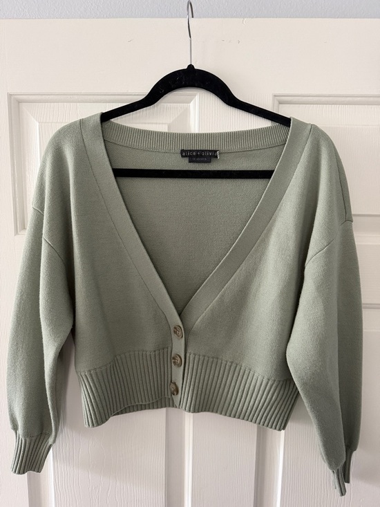 Alice + Olivia Sweaters - Alice + Olivia Sage Green Cropped V-Neck Cardigan and skirt set